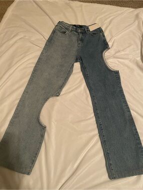 Two-Tone Blue Straight-Leg Jeans with Cutout Detail - Women